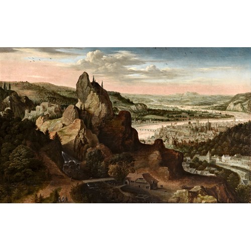 A Panoramic Mountain Landscape, with a City, possibly Frankfurt